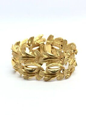 VINTAGE GOLD TONE Leaf Bracelet Wide Chunky Panel Link Mcm Estate